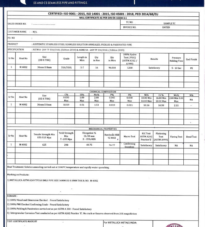 Steel pipe Mill Test Certificate inspection at Metallica Metals quality control station