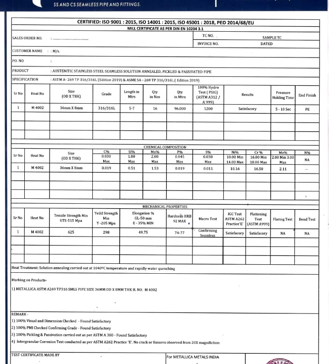 Steel pipe Mill Test Certificate inspection at Metallica Metals quality control station